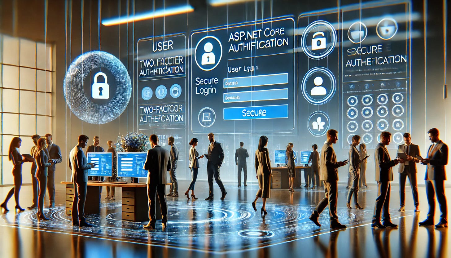 Realistic image of users interacting with secure login and authentication in a professional setting. 