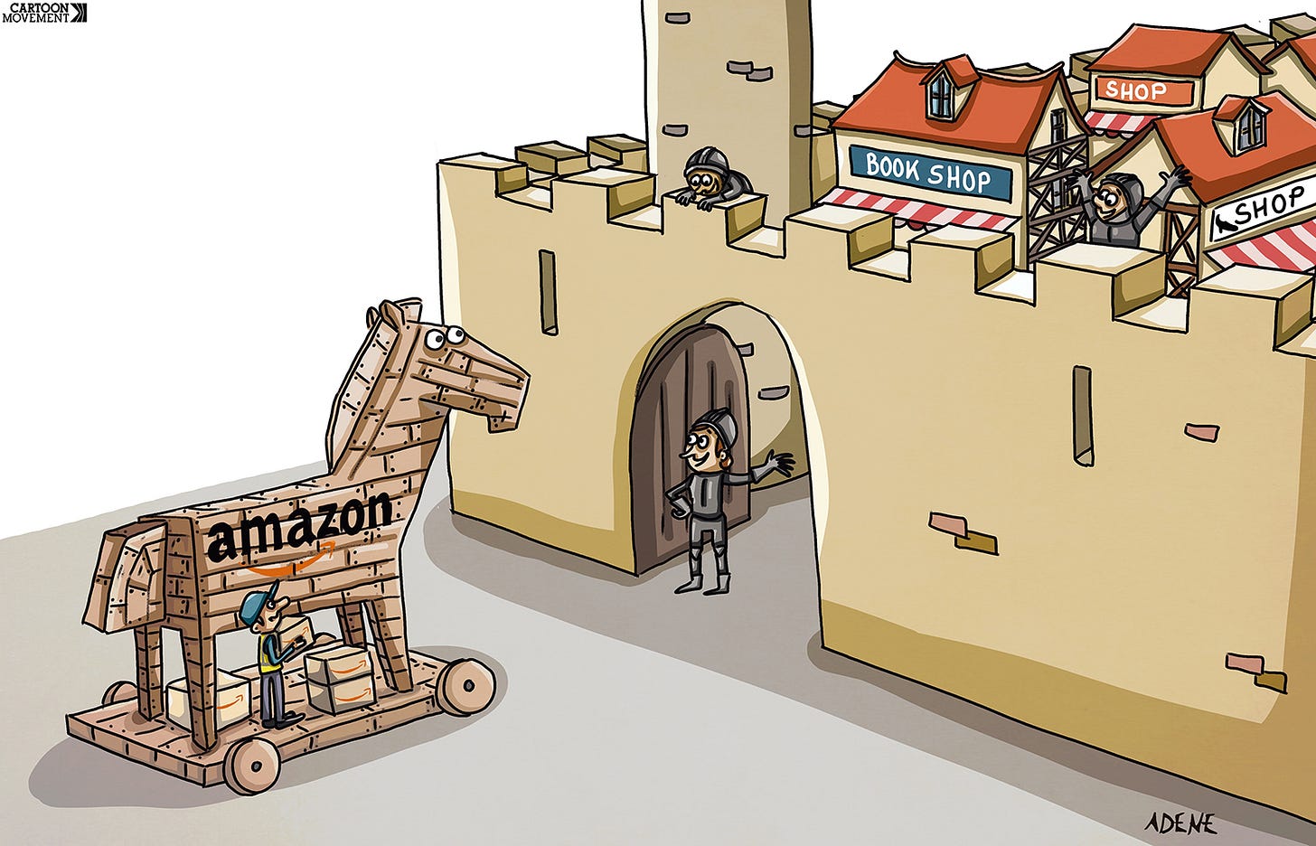 Cartoon showing a wooden horse with the Amazon logo being led into the gate of a city, welcomed by the guards. Behind the city walls, we see streets full of shops.