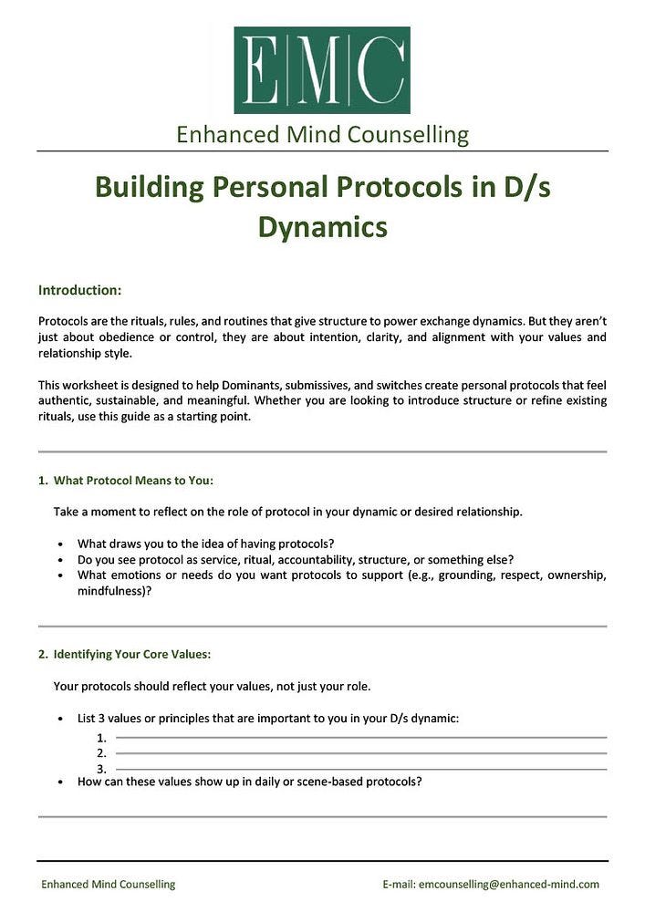 Part 1 of the Building Personal Protocols in D/s Dynamics Worksheet
