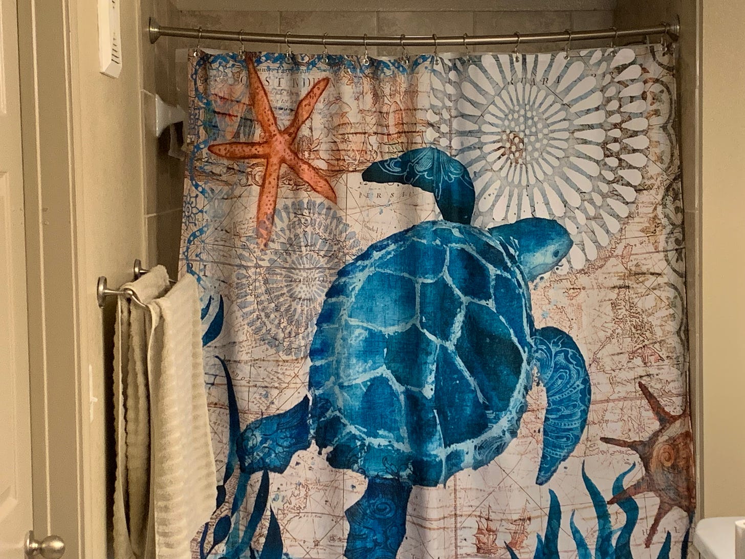shower curtain with large sea turtle in the center and small orange starfish in the top left corner