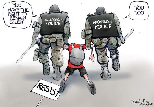 Cartoon by Bill Bramhall, depicting police abuse and corruption