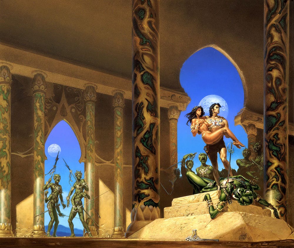 John Carter stands over the body of a green Martian with a rapier plunged into its chest. In his arms, he carries Dejah Thoris who lays a hand across her chest covering one breast. She wears no clothes but accents of gold jewelry and chains cover her arm and waist. An angry mob of green Martians gathers behind the raised dais as John Carter looks for an escape. The wall behind them is open in an onion style arch revealing brilliant blue sky and a large craggy moon. The surrounding pillars are marbleized metallic green swirling against smooth sand-colored stone. An elegant laser pistol lies on the floor in the immediate foreground.