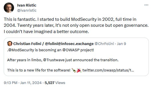 Screenshot of a tweet from Ivan Ristic, ModSecurity creator