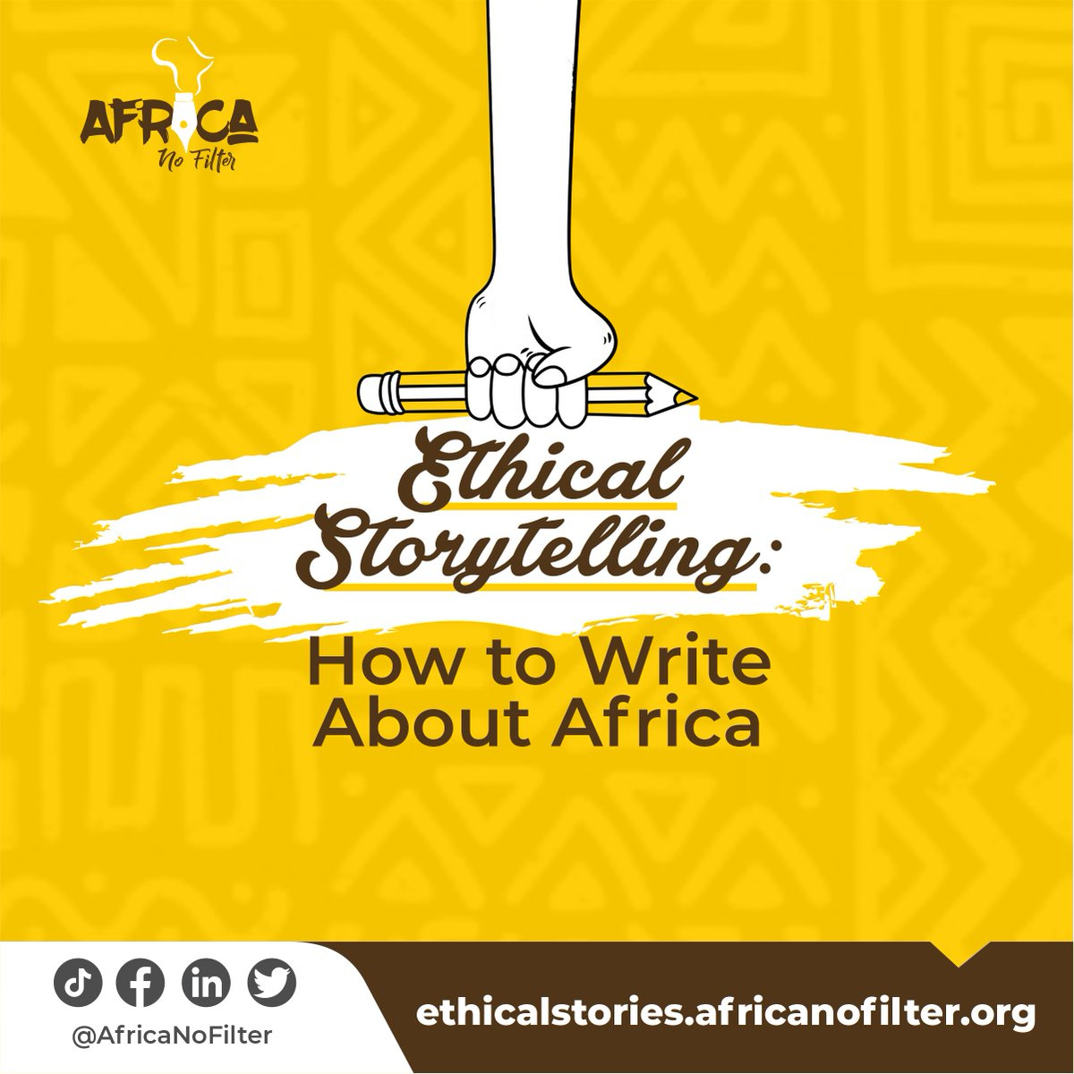 An image of a hand holding a pen, with the text "Ethical Storytelling: How to Write about Africa," from Africa No Filter