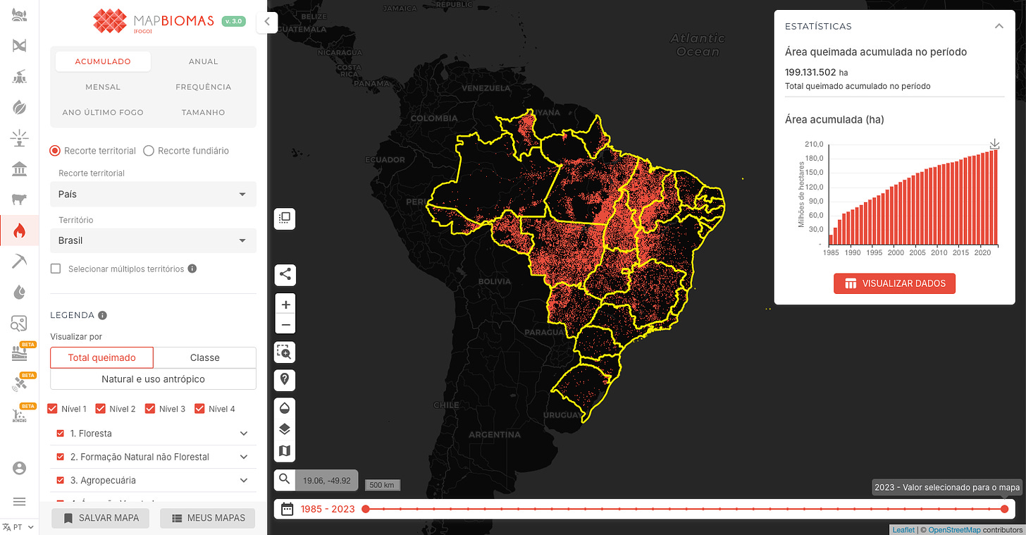 Graphic showing nearly 200 million hectares of rain forest burned in Brazil since 1985.