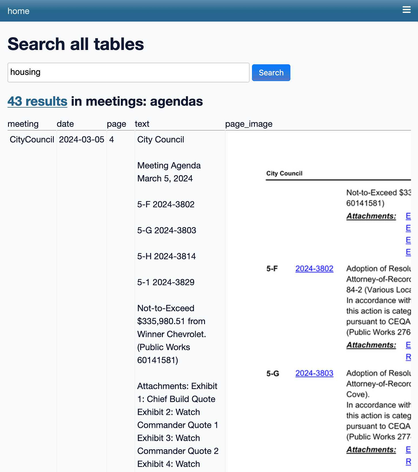 Search all tables - for housing. 43 results in meetings: agendas. Each result shows a meeting, date, page, text and a rendered page image