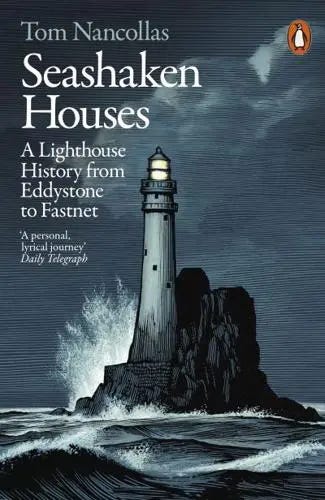 Cover art for Seashaken Houses: a drawing of Fastnet lighthouse with a wave breaking halfway up the lighthouse sides
