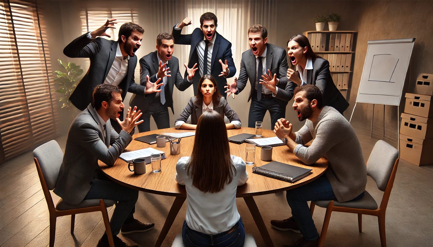 A tense meeting scene with five people sitting at a round table. Four of them are angrily shouting at each other with expressive hand gestures and frustrated facial expressions, while one person remains completely calm and silent. This silent person is sitting still, indifferent, and visibly quiet, with a serene expression, contrasting the chaos around them. The table is cluttered with papers, notebooks, and coffee mugs. The setting is a modern office with neutral tones and soft lighting. The silent person stands out due to their calm demeanor amidst the shouting. The scene is in a wide, horizontal format, showing the entire table and people seated.