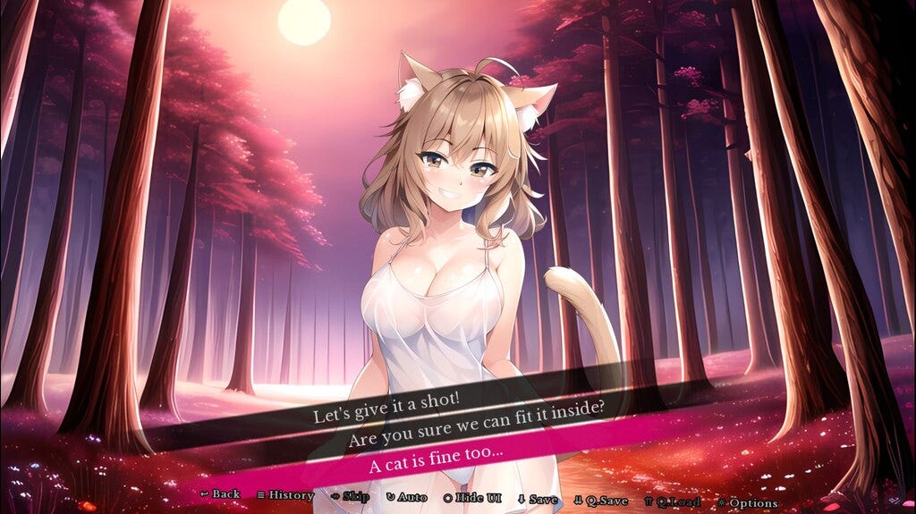 A brown-haired cat girl is in a forest while you have three dialogue choices. "A cat is fine too" is highlighted.