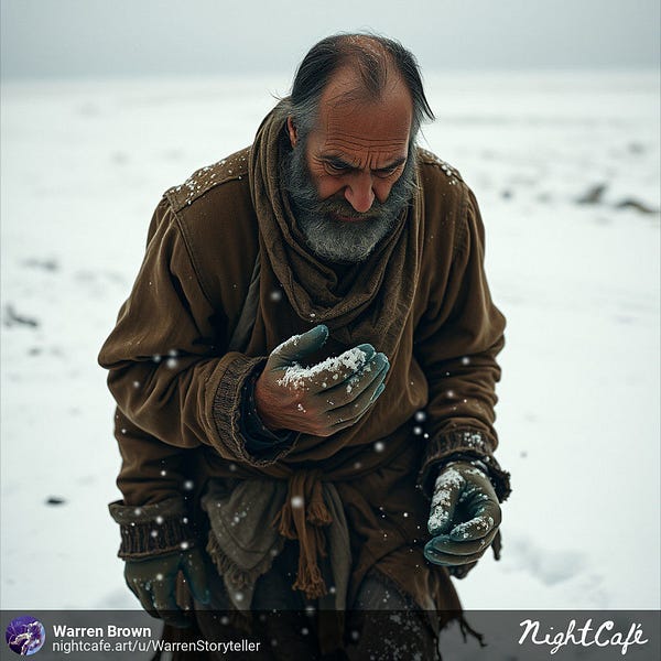 Man looking at frozen hands in the cold.
