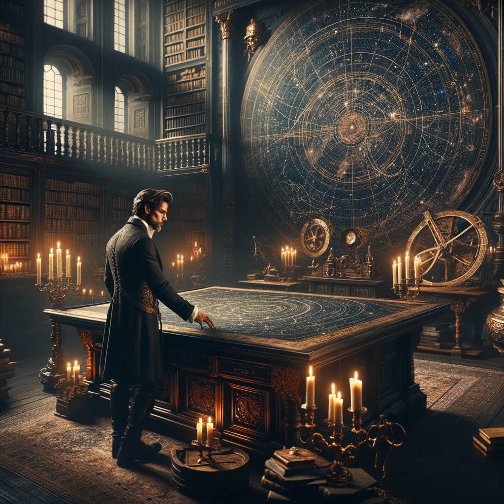 In a lavishly decorated library that whispers of ancient knowledge and hidden secrets, an alpha male stands before a vast, dark wooden desk. He is a figure of strength and intellect, his gaze intense as he pores over a sprawling, detailed celestial map. This map reveals the intricate patterns of the cosmos, dotted with stars, nebulae, and other celestial phenomena. The room is lit by the soft, flickering light of candles set in elaborate holders, casting long shadows that dance across shelves laden with rare and ancient tomes. Around him, intricate devices for astronomical measurements, such as sextants and orreries, sit alongside scrolls and old, leather-bound books, suggesting a deep dive into the mysteries of the universe.