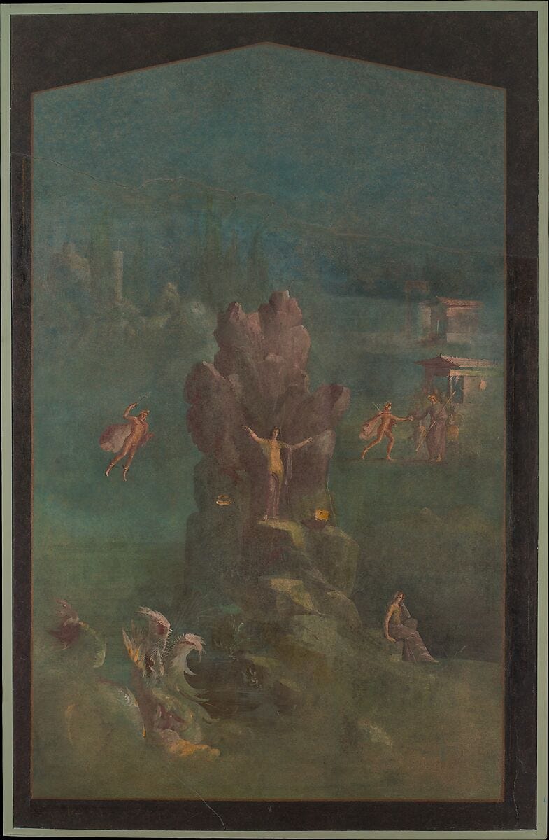 Wall painting: Perseus and Andromeda in landscape, from the imperial villa at Boscotrecase, Fresco, Roman 