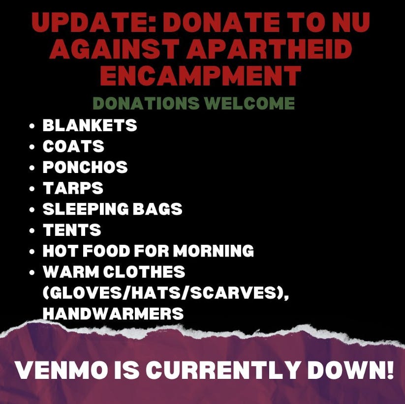 A post from NUdivesmentcoalition, listing necessary supplies: blankets, coats, ponchos, tarps, sleeping bags, hot food, tents, etc. 