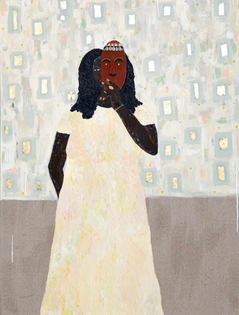 Pintura de uma mulher negra com um vestido claro segurando uma máscara que cobre parte de seu rosto