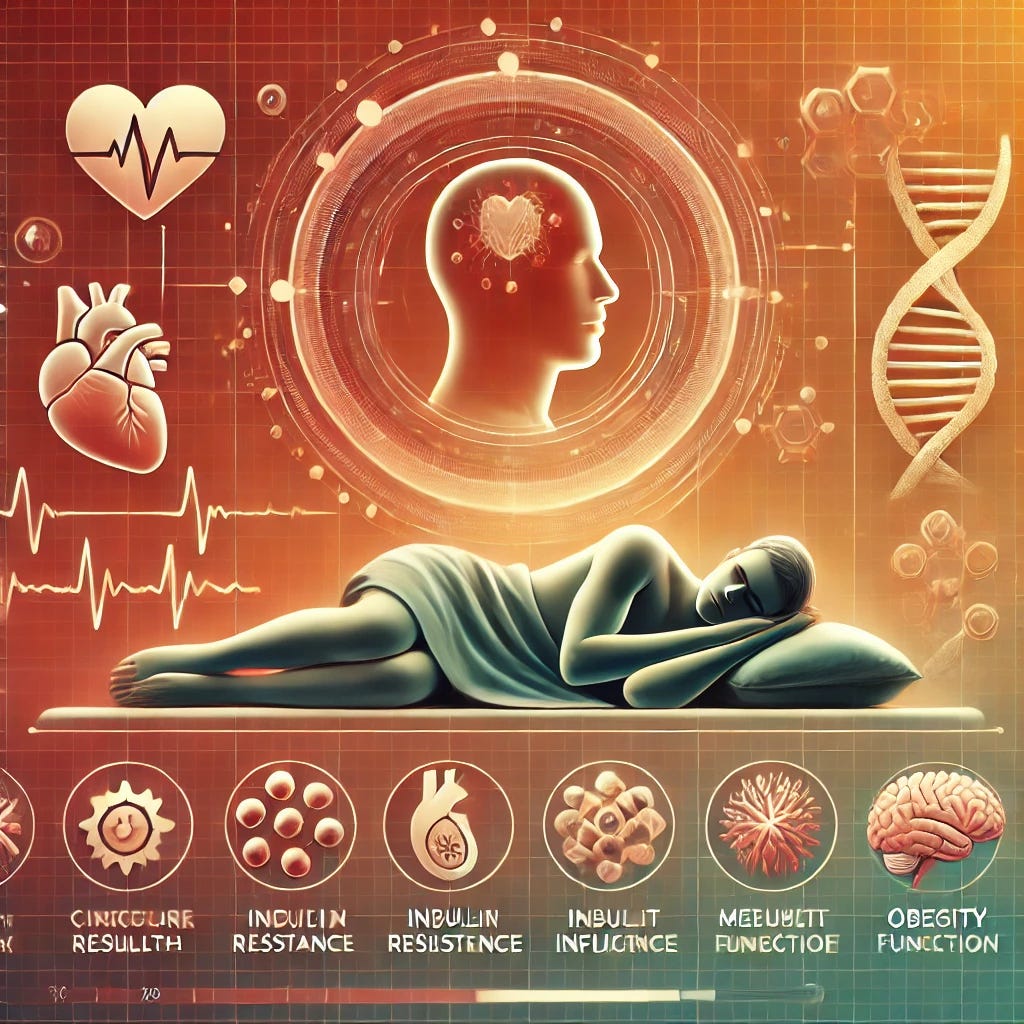 A professional medical visualization of sleep and its impact on health, featuring a warm color palette that evokes positivity and innovation. The image includes a simplified human figure in a peaceful sleep position, surrounded by symbolic representations of health factors: a heart symbol for cardiovascular health, a DNA strand for genetic influence, metabolic icons for insulin resistance and obesity, and neurons for brain function. The background subtly incorporates a futuristic medical interface, suggesting scientific research and discovery. The style is clean, modern, and approachable, ensuring clarity and engagement without unsettling visuals.