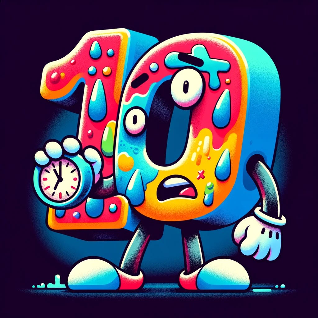 A vibrant cartoon illustration with a solid background color of HEX #001426. The subject is an anthropomorphic character resembling the number "10x", complete with playful features, arms, and legs. In one hand, the character is holding a clock. The facial expression of the number 10x character is worried, emphasizing a sense of urgency or concern. The overall style is whimsical and imaginative, with a focus on creating a visually appealing and colorful character against the dark background.