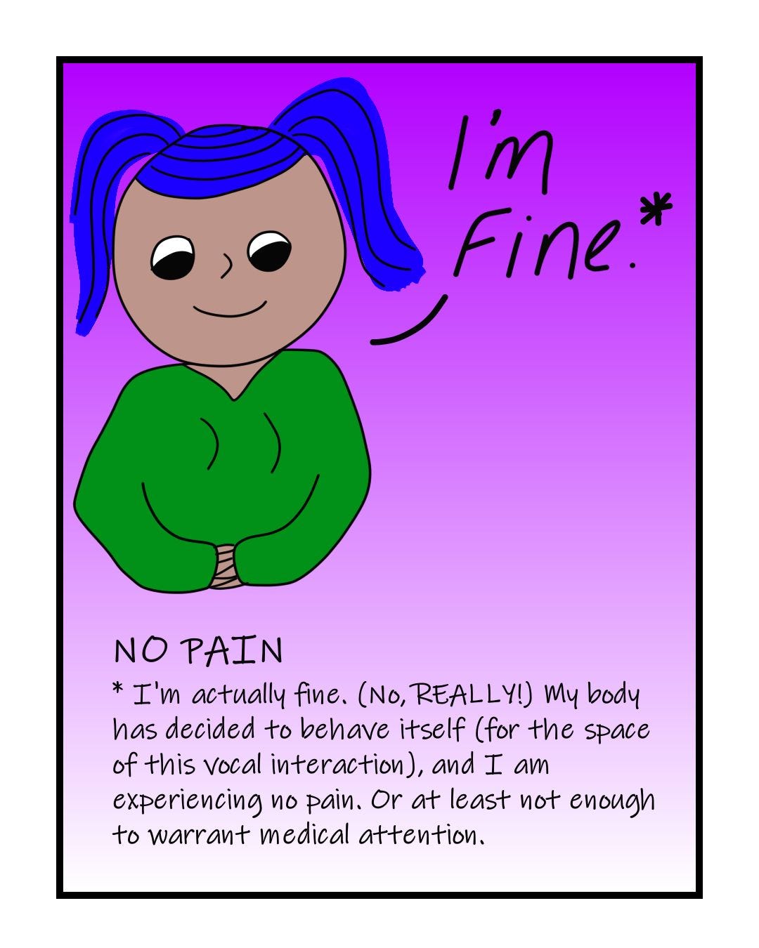 "I'm fine." NO PAIN (Translation: "I'm actually fine. (No, REALLY!) My body has decided to behave itself (for the space of this vocal interaction), and I am experiencing no pain. Or at least not enough to warrant medical attention."