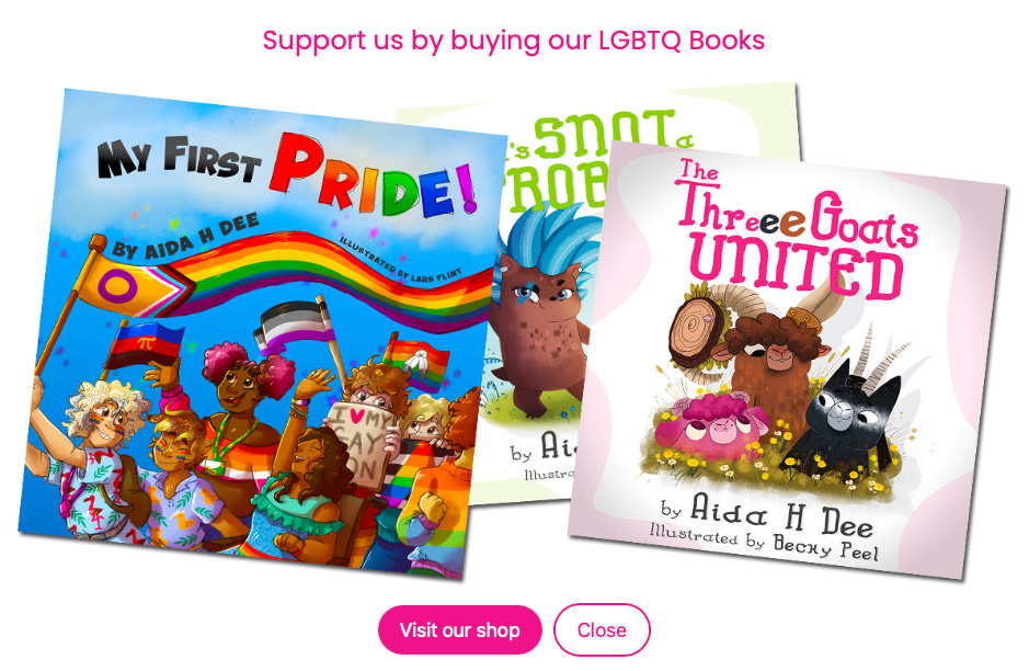 Support us by buying our LGBTQ Books 
FIRST 
o 
Visit our shop 
Ihreee00cts 
by Aida HD 
by Been y 
Close 