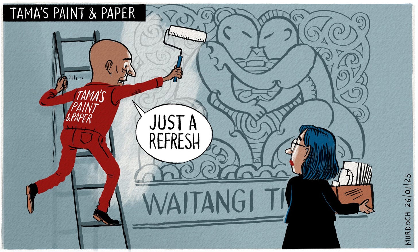 Cartoon. Headline: Tama’s Paint & Paper. Picture of Minister for Māori Development, Tama Potaka, painting over the Waitangi Tribunal sign, saying to a woman carrying a box of her things out, “Just a refresh”