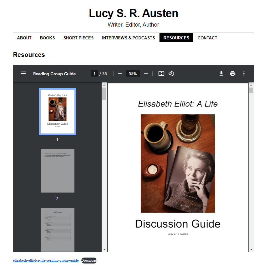 Screenshot from the website LucySRAusten.com showing the cover of the PDF Discussion Guide with a mug of tea, a votive candle, and a stack of Elisabeth Elliot biographies.