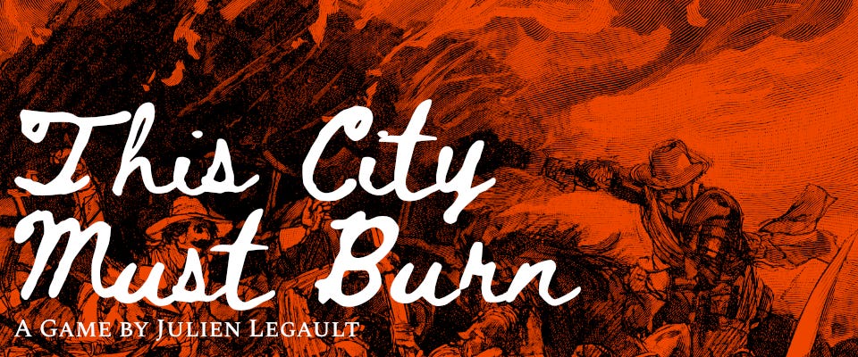 Banner image for This City Must Burn, featuring artwork of a burning city and a riot.