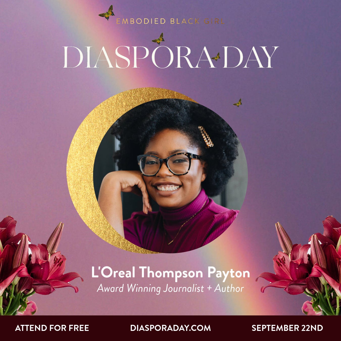 Graphic featuring a picture of a Black woman and text promoting an upcoming virtual festival for Diaspora Day
