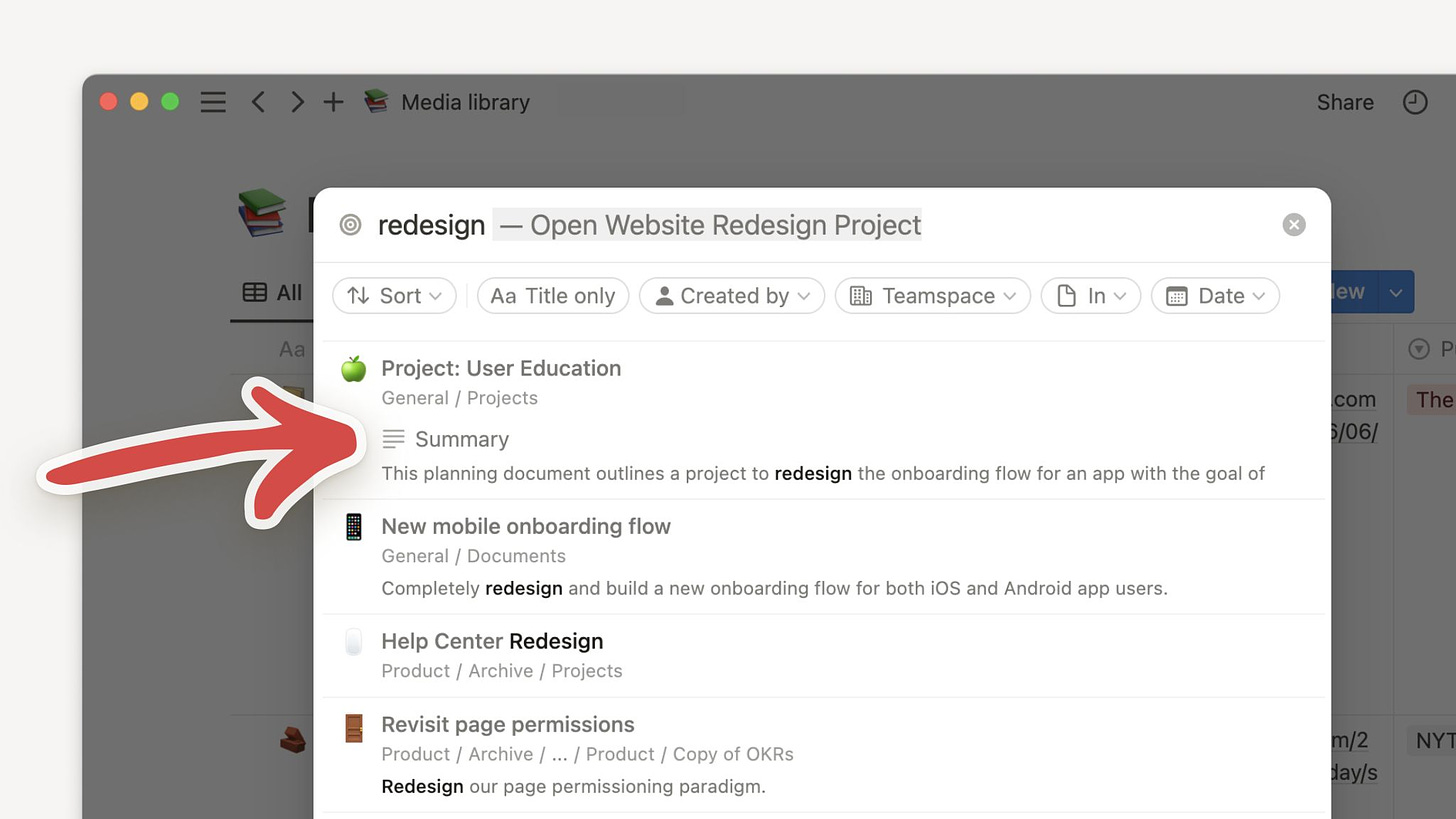 This image shows a user searching "redesign" in Notion. The results include a database page called "Project: User Education" that contains the search keyword "redesign" in a text property.