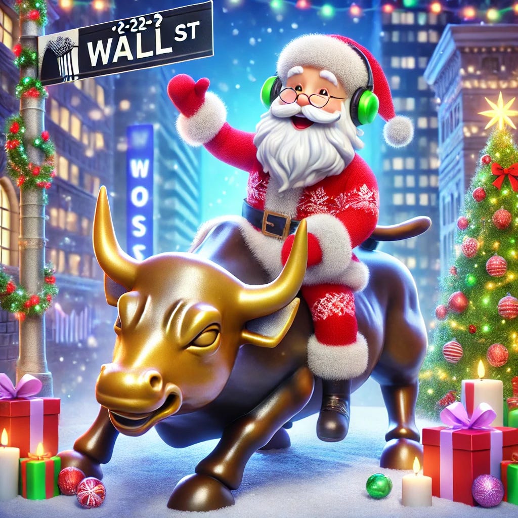 A festive stock market scene featuring Santa Claus cheerfully riding the iconic Wall Street bull, symbolizing a stock market rally. Santa has nothing in his hands and no headphones, with the bull decorated in Christmas ornaments and lights. The scene includes a Wall Street signpost, glowing stock charts, and is set in a snowy financial district with holiday decorations and twinkling lights, evoking the excitement of a seasonal stock market rally.