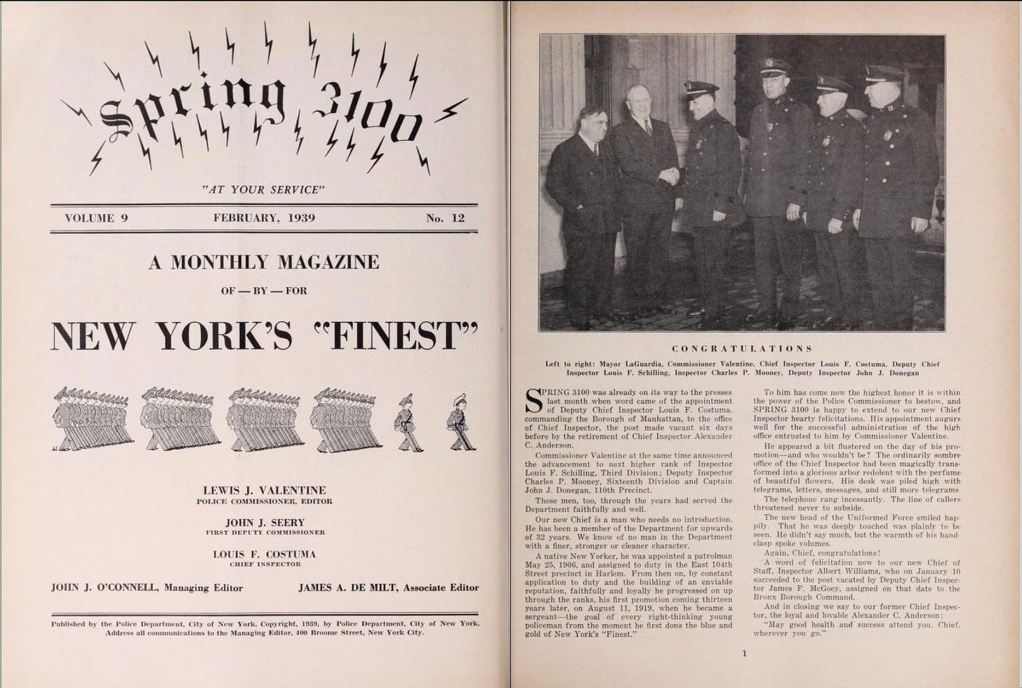 The interior cover and first page of Spring 3100, New York Police Department's internal magazine