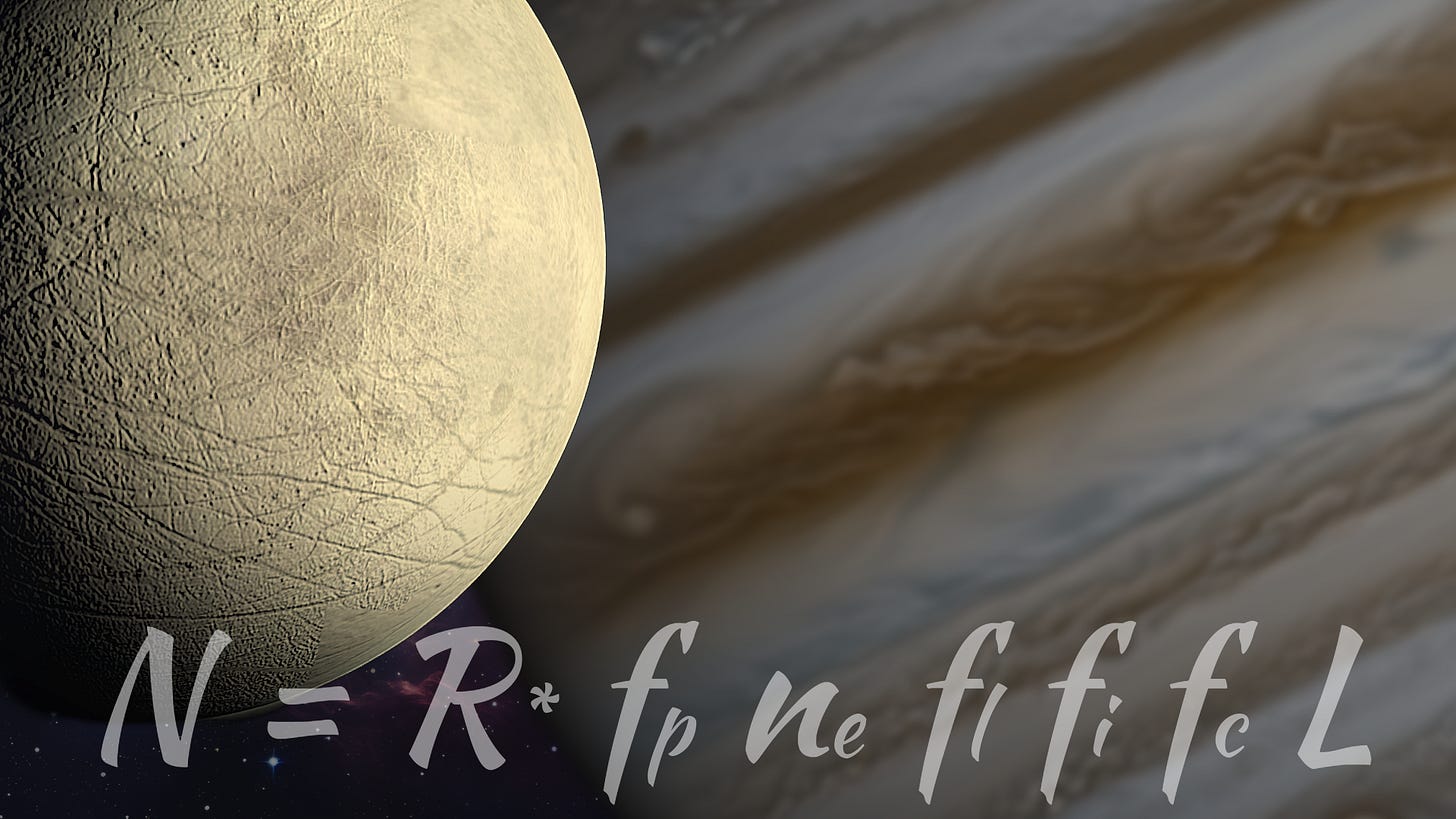 Image of Jovian moon Europa in profile near gas giant planet Jupiter with original Drake Equation inscribed.