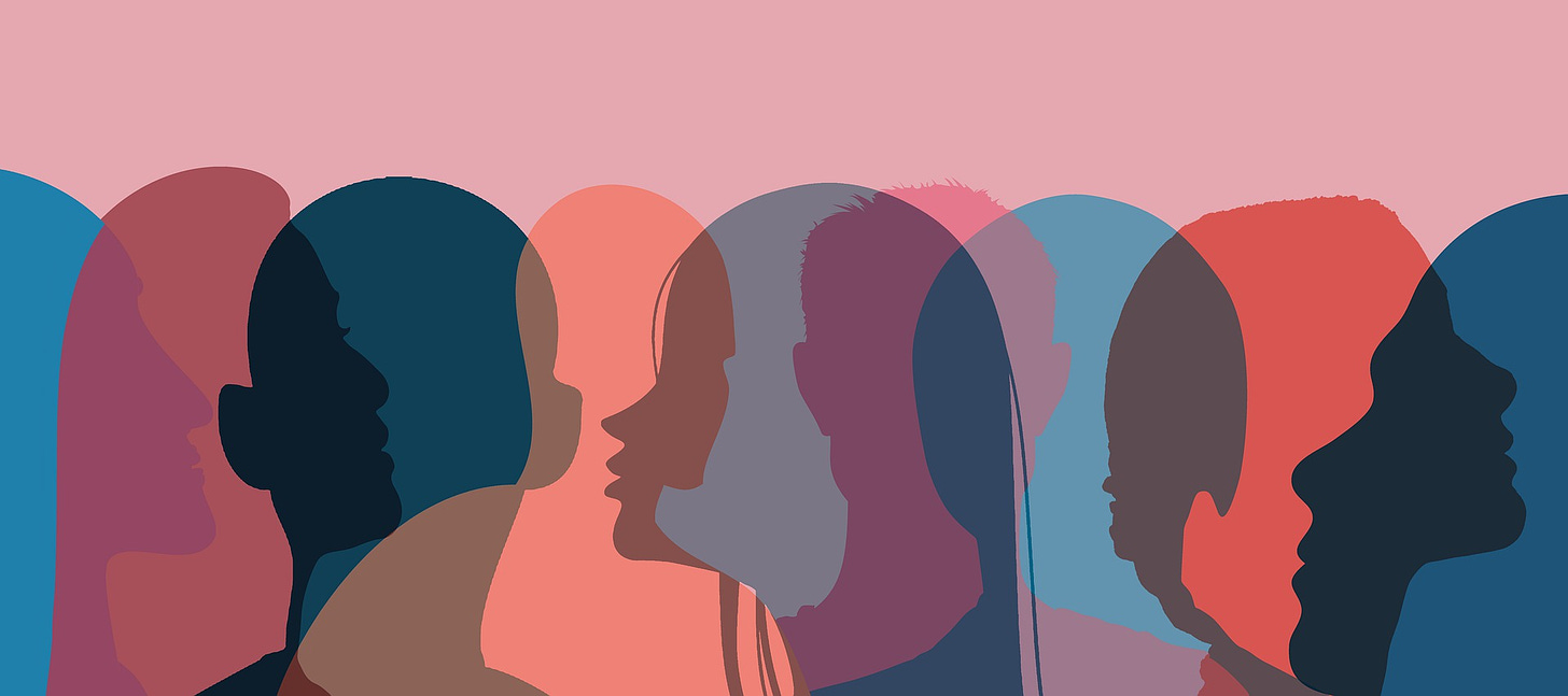 A series of silhouettes overlaid on top of each other of a variety of genders. They're in pink and blue and purple.