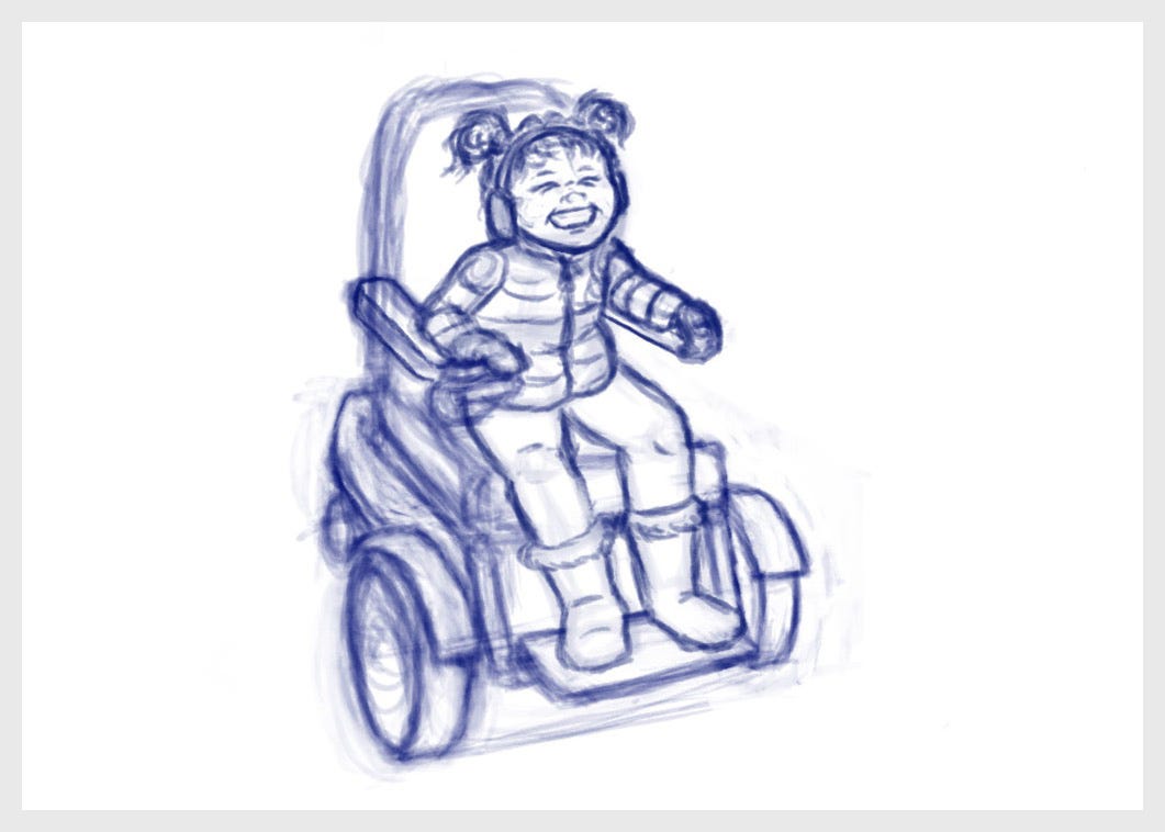 Sketch in blue pencil of a kid in a power wheelchair grinning as broadly as she can. She is wearing two ball-shaped pigtails, a puffy winter jacket and winter boots.