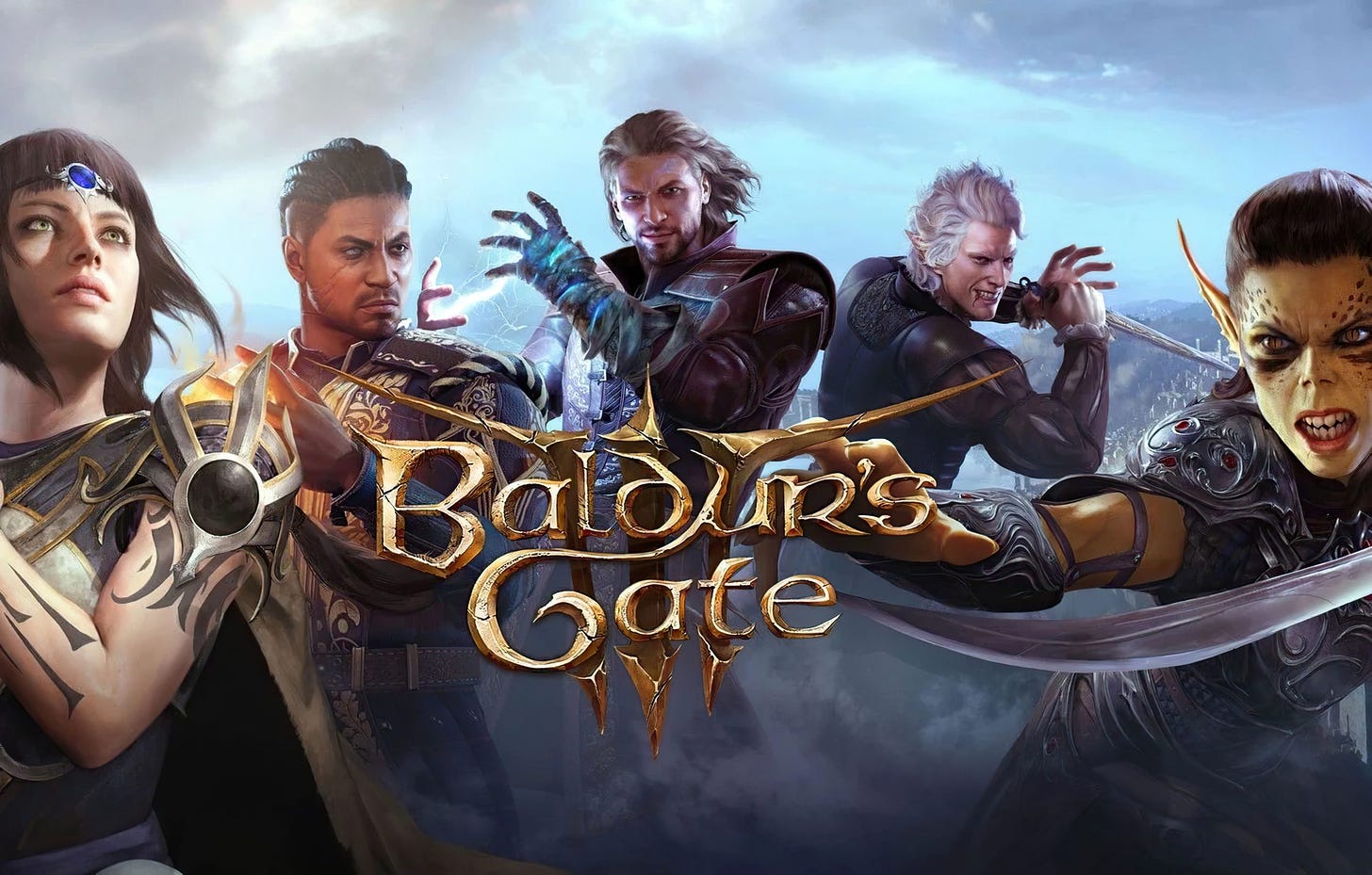 Baldur's Gate 3 game release poster. Shadowheart, Wyll, Gale, Astarion, and Lae'zel from left to right.