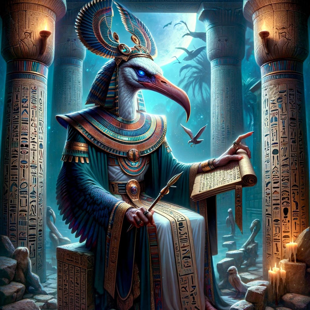 Fantasy illustration of the Egyptian god Thoth in a similar style to the previous image. Thoth, depicted with the head of an ibis and a human body, is adorned in traditional Egyptian garments rich in hieroglyphics and ancient symbols. He holds a papyrus scroll and a writing stylus, symbolizing his role as the god of writing and knowledge. The background is an ancient Egyptian temple, with hieroglyphic carvings and a mystical ambiance, illuminated by the glow of torches. The atmosphere is serene and imbued with a sense of ancient wisdom and magic.