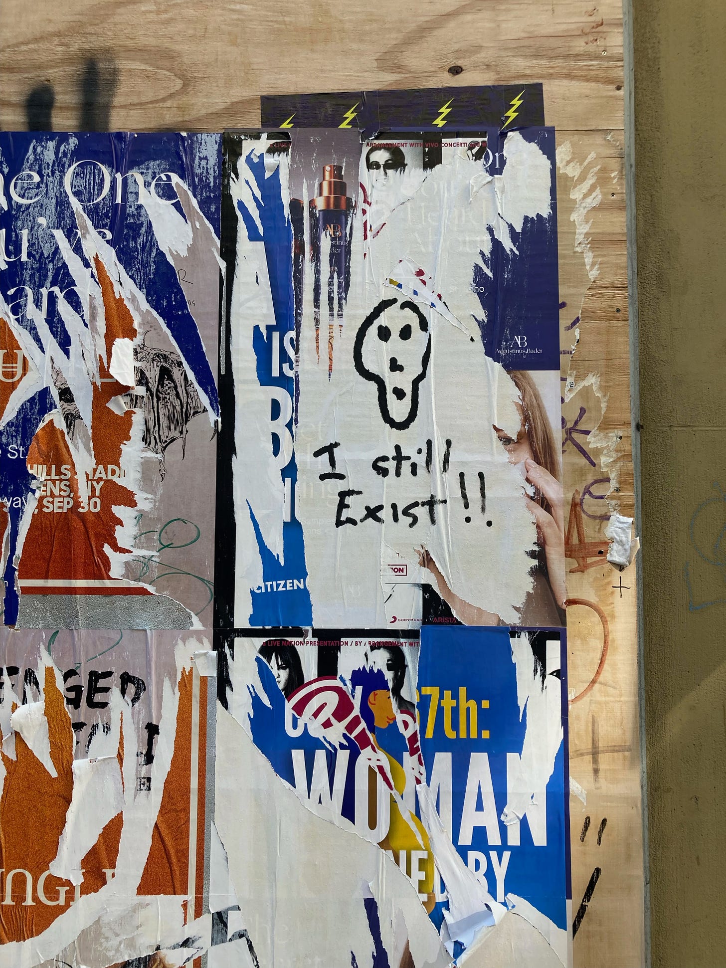 a wall of torn posters, one has a face and the words "I still Exist!!” graffitied on it