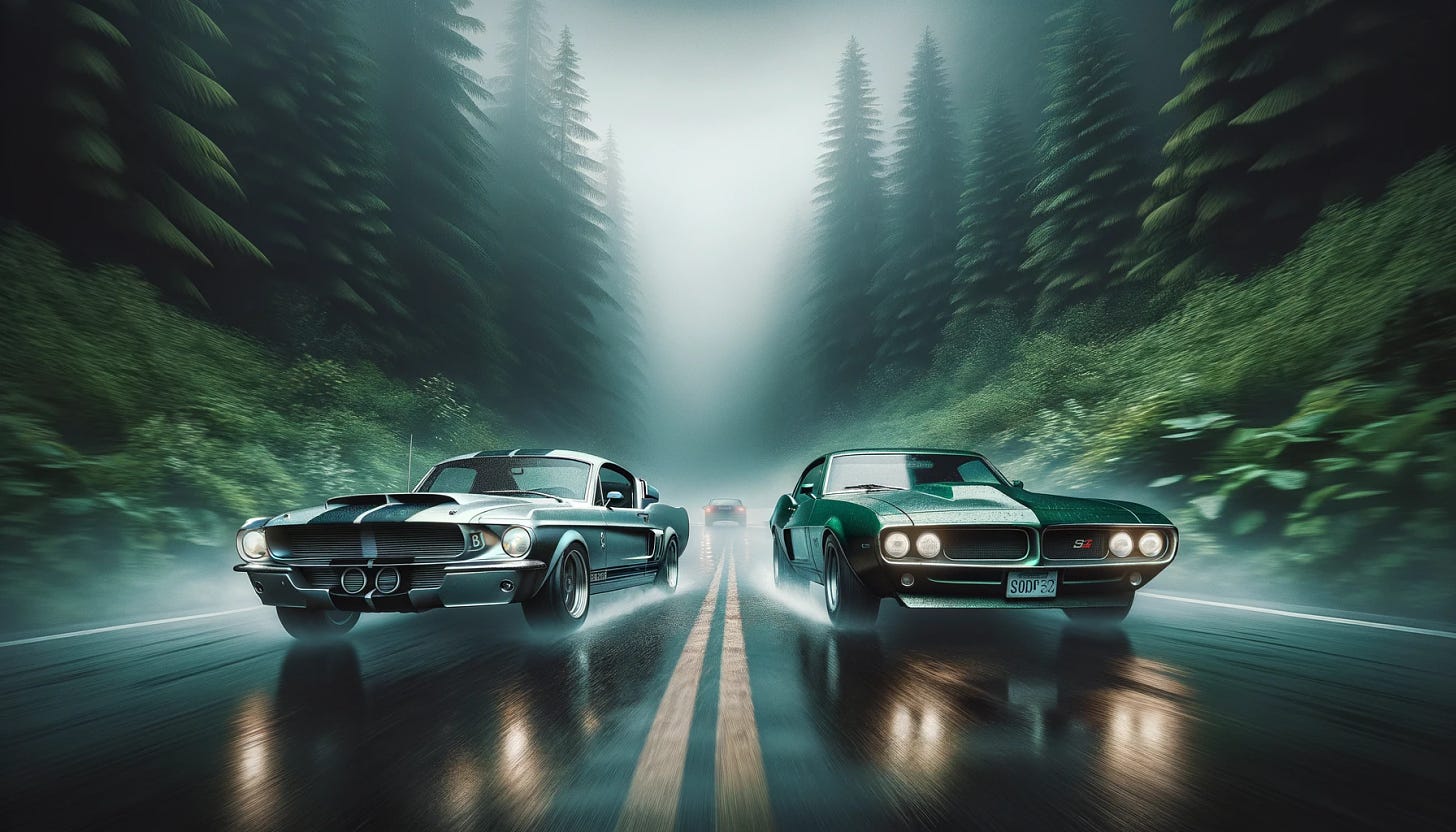 An ultra-hyperrealistic photo of a thrilling car chase in a cinematic setting. The scene captures a silver 1967 Ford Mustang Shelby GT500 and a deep green 1969 Pontiac Firebird racing side by side on a misty mountain road. The dense fog adds a mysterious, almost surreal quality, while the wet road reflects the cars' sleek designs and the surrounding dense, dark green pine trees. The intensity and determination on the drivers' faces are visible through their windshields, adding to the drama and realism of the scene.