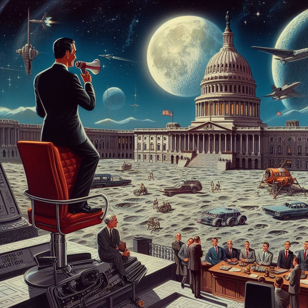 senator on the capitol building on the moon, 60s sci-fi drawing