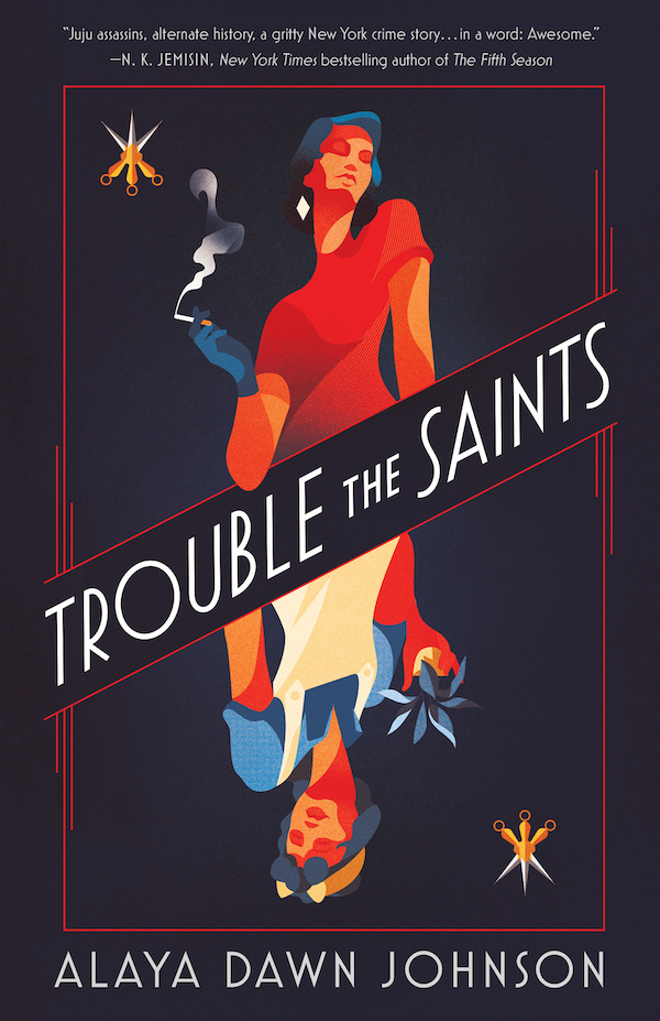 the cover of "trouble the saints," with a woman holding a cigarette right-side-up and a woman holding a flower in a pot upside-down.