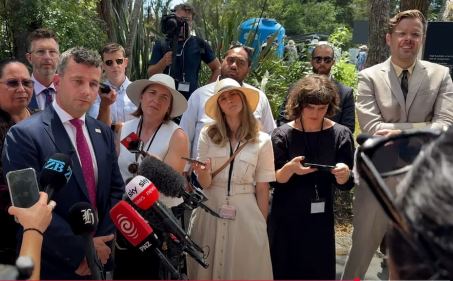 Comedian Guy Williams, far right, joined the media and questioned Act leader David Seymour at Waitangi this week.