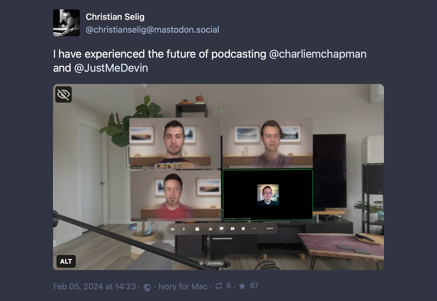 A screenshot of a Mastodon post showing Persona video conferencing on Apple Vision Pro.
