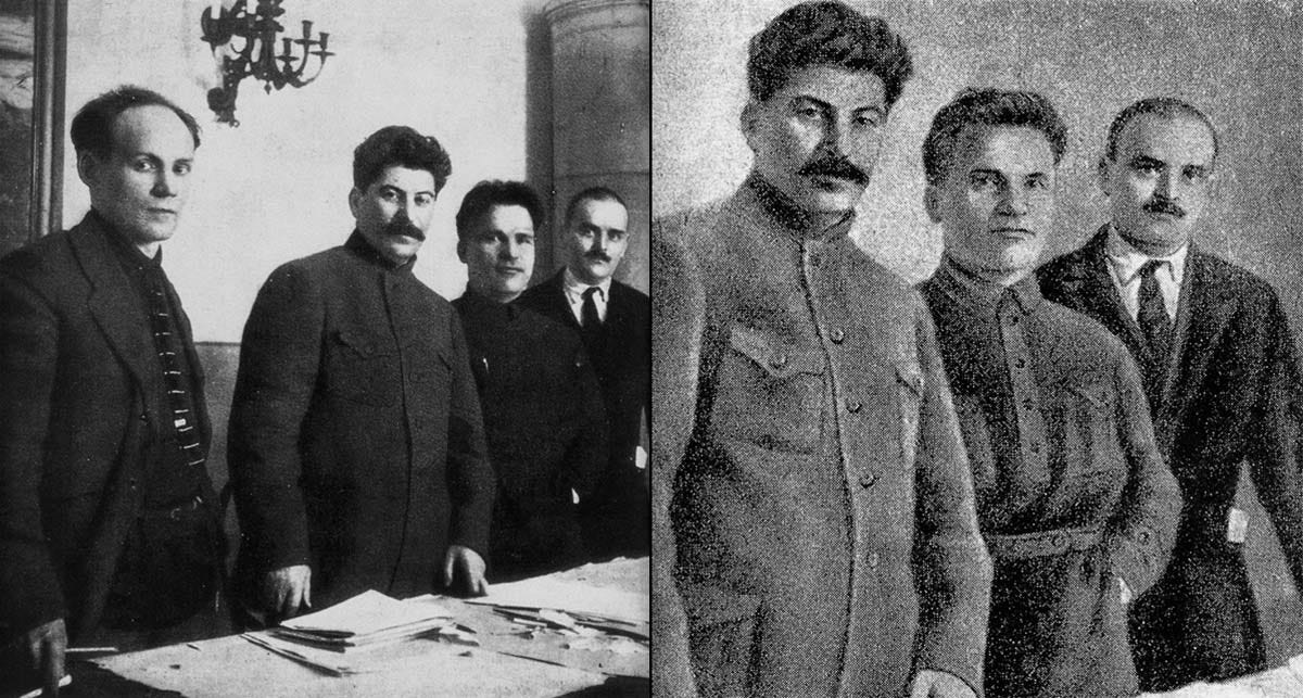 This picture was taken in 1926 and portrays Stalin with party bosses Nikolai Antipov, Sergey Kirov, and Nikolai Shvernik (from left to right). One by one, all except Stalin disappeared from the picture.