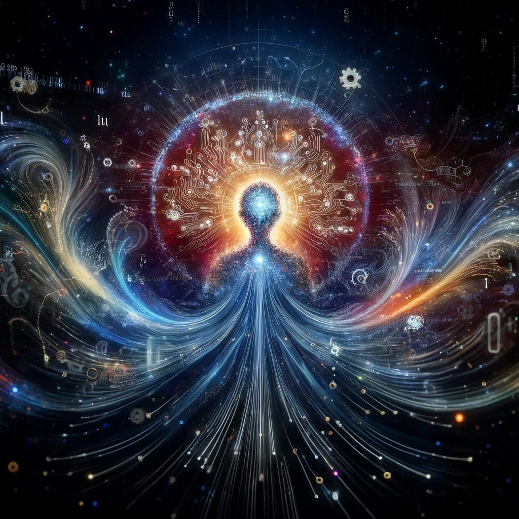 A highly detailed depiction of an artificial intelligence concept, blending modern technology with abstract art. Imagine a central figure symbolizing AI, composed of flowing digital streams and circuit patterns that give it a vibrant, dynamic appearance. The figure is surrounded by a halo of light, suggesting an aura of knowledge and connectivity. Various symbols of technology, such as binary code, gears, and light bulbs, float around it, representing the AI's vast capabilities in learning, analysis, and innovation. The background is a deep space-like void, emphasizing the limitless potential of AI, with faint constellations that hint at the future of technology. This scene combines elements of digital art and surrealism to convey the power and mystery of artificial intelligence.