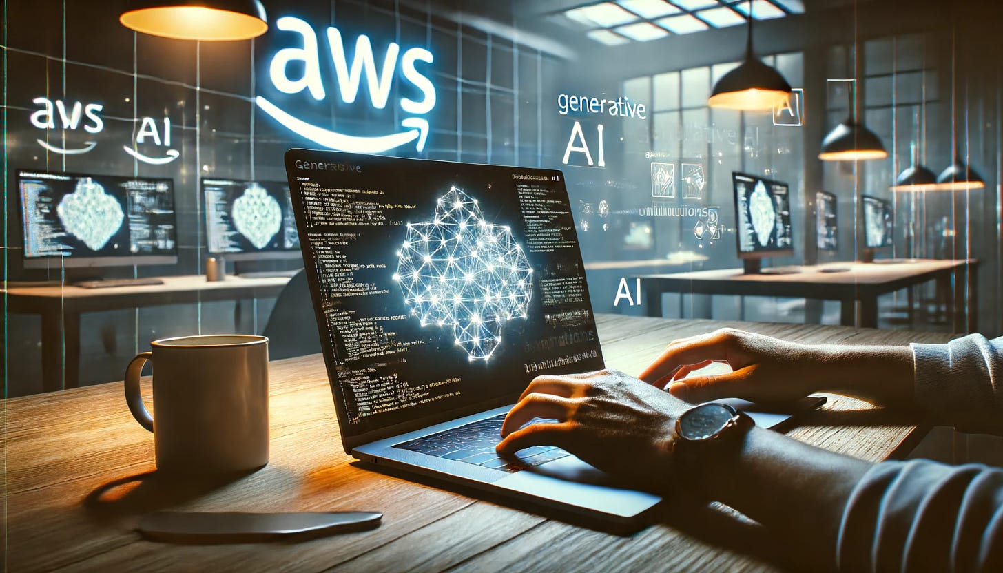 A first-person perspective of someone working on their laptop on a generative AI application. The laptop screen displays complex AI algorithms and code. The setting is a modern workspace with a dimly lit background. The AWS logo is prominently glowing on a wall in the background, casting a soft light. The overall scene is technologically advanced and futuristic, with a focus on innovation and creativity.