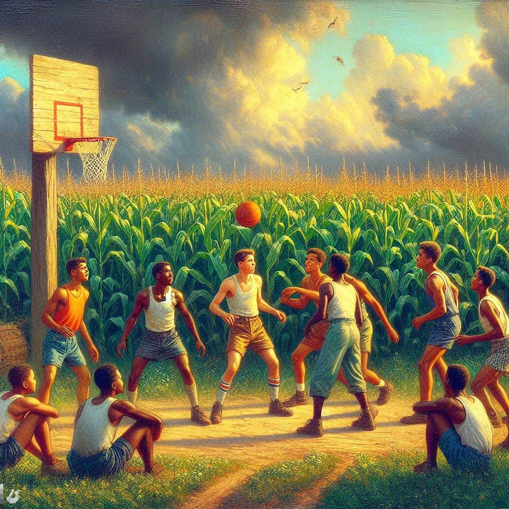 A basketball game played in the middle of a corn field in Missouri between young men, impressionism