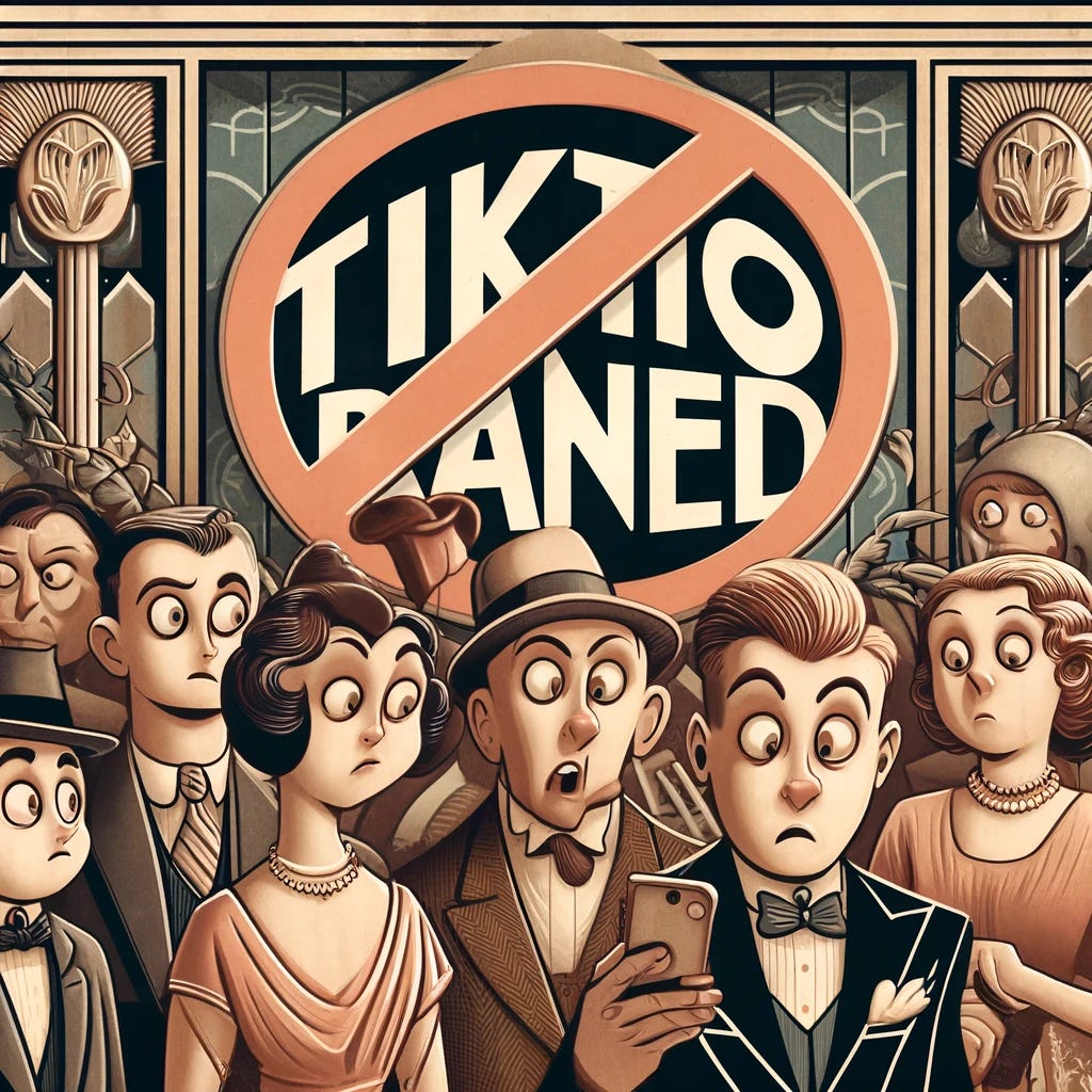 A stylized 1930s cartoon illustration depicting the prohibition of TikTok. The scene shows a group of characters in vintage clothing and hairstyles typical of the 1930s, looking bewildered as they stare at a large, bold sign saying 'TIKTOK BANNED'. The characters are a mix of men and women, with exaggerated facial expressions showing surprise and confusion. The background features art deco elements and the color palette is muted with sepia tones to give an old-timey feel.