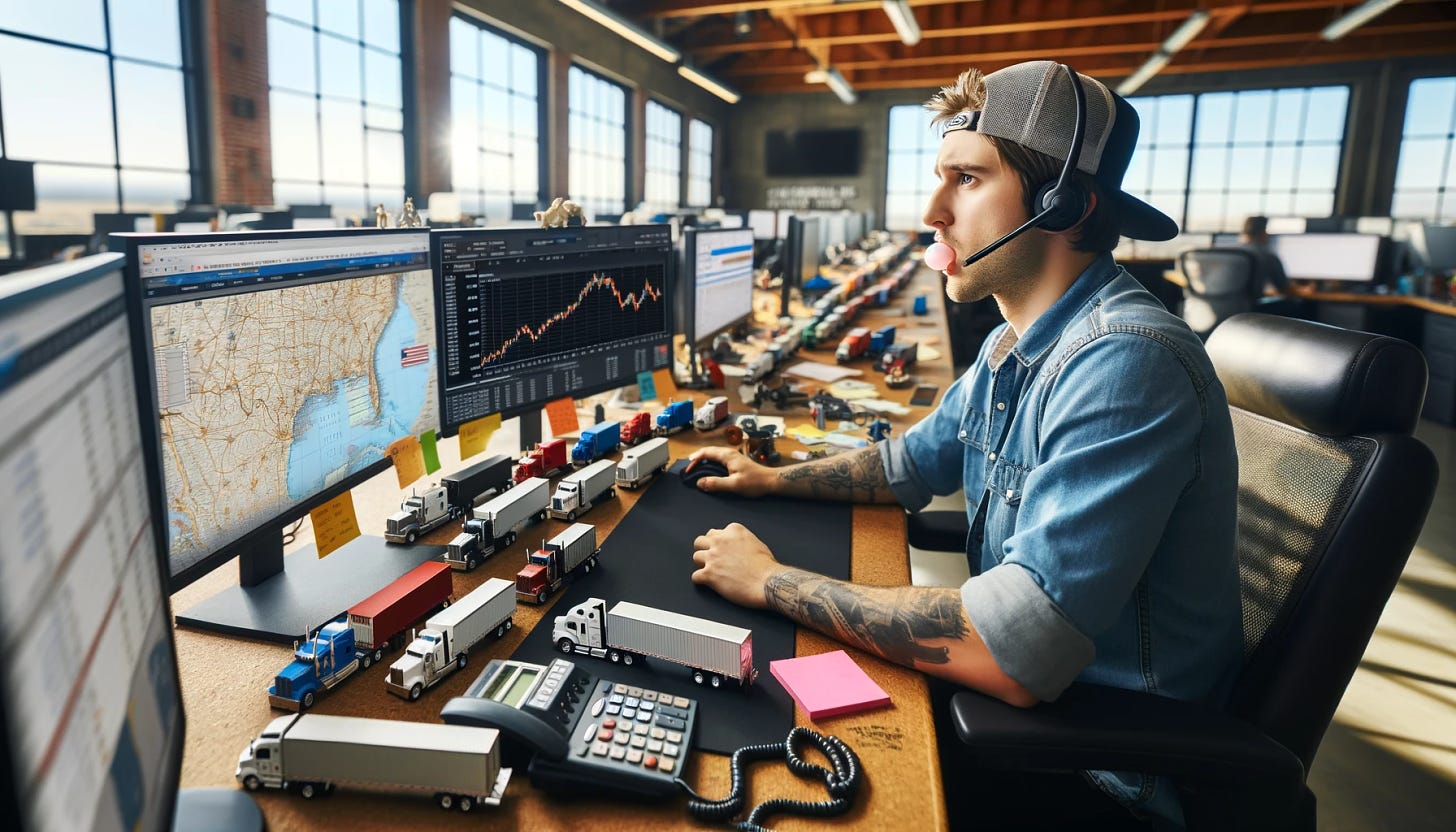 A wider side view of a 23-year old male freight broker in a US-Mexico cross-border freight brokerage office, sitting at his desk. The desk is cluttered with miniature tractor-trailers along with a phone, sticky notes, and three monitors displaying graphs and spreadsheets. The broker wears a headset and a backwards baseball hat, chewing gum. The background shows other brokers at similar desks with miniature trucks on them, in a loft-style office with high windows allowing daylight. The image captures the busy and detailed office environment from a wider angle.