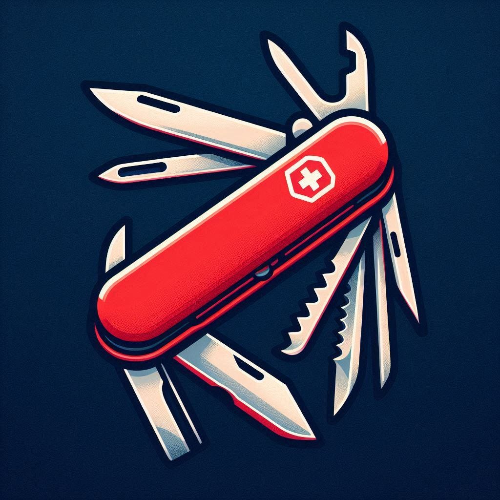 cartoonish image of a red expanded Swiss Army knife on a dark navy blue background