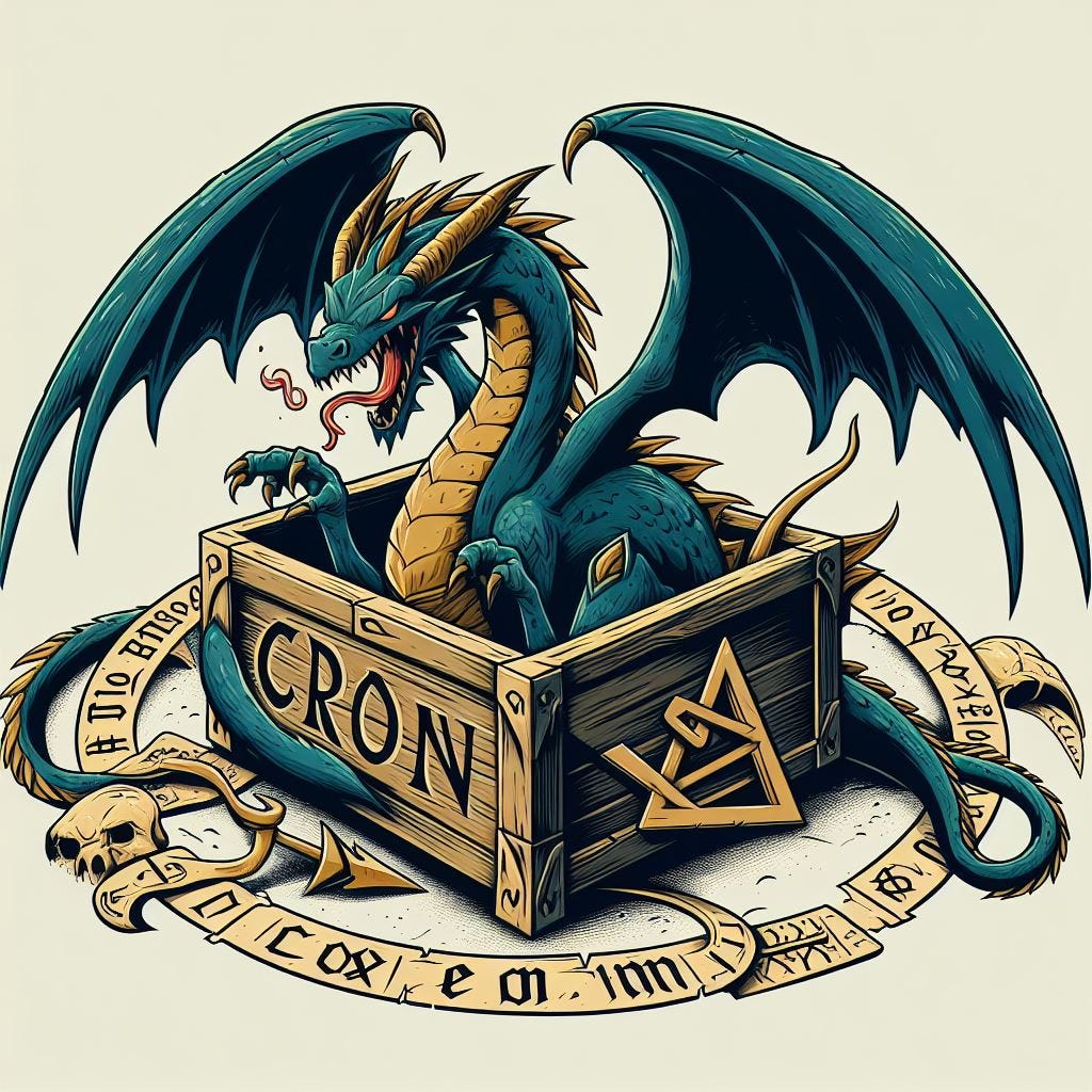 a dragon around a box with the letter CRON written outside