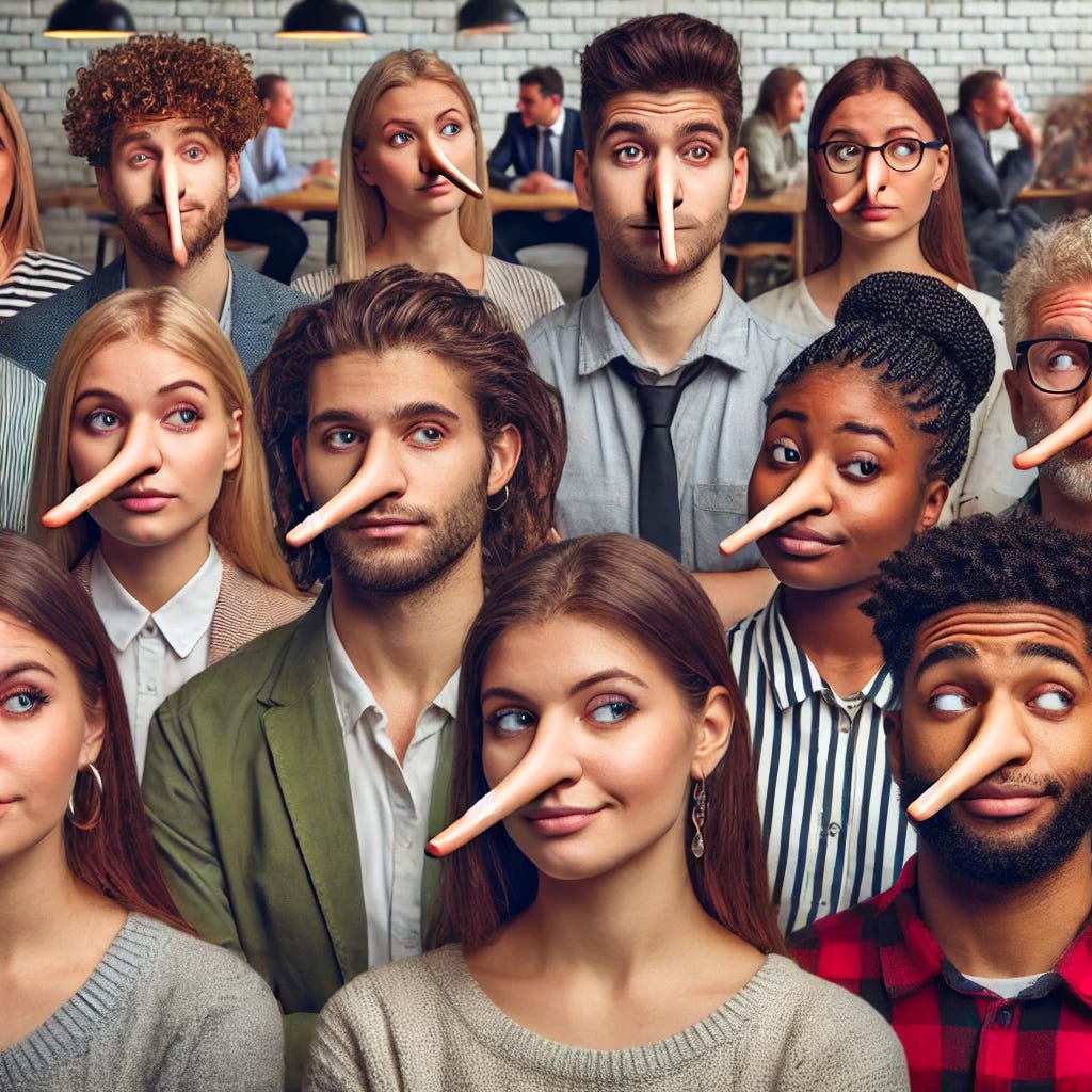 A group of diverse individuals in a casual public setting, such as a park or office, with slightly elongated noses to symbolize lying. The noses are subtly longer than normal, not too exaggerated, but noticeable enough to give a humorous and symbolic effect. Their facial expressions range from mildly embarrassed to indifferent or mischievous, giving a playful but more grounded feel to the image.