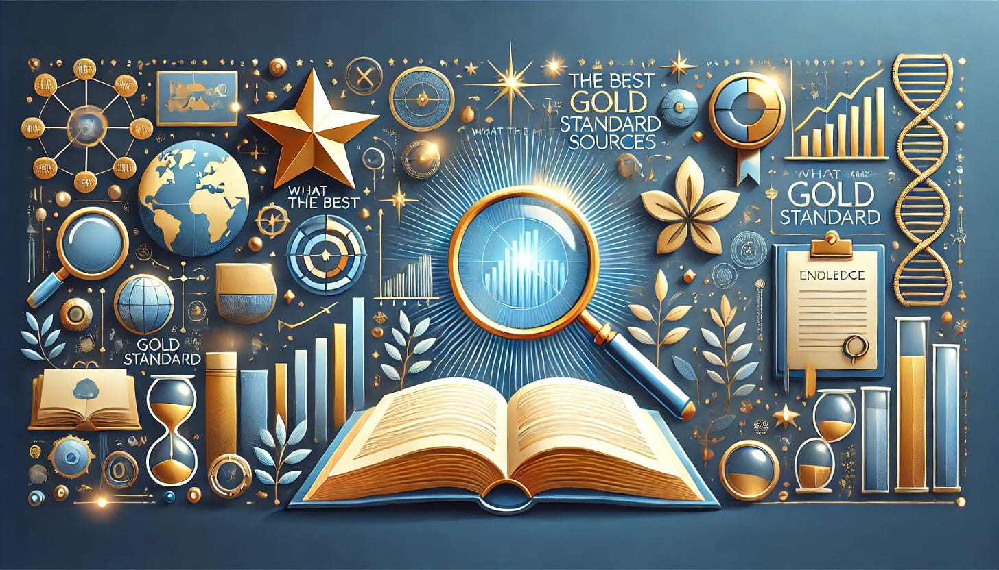 A professional and informative 16:9 banner image for an article titled 'What are the best gold standard sources'. The image should include symbolic elements like gold stars, an open book, a magnifying glass, and icons representing knowledge and research, such as graphs and charts. The color scheme should incorporate calming blues and golds to suggest reliability and quality. The image should convey a sense of careful research, excellence, and authority, with a balanced composition suitable for an article header.